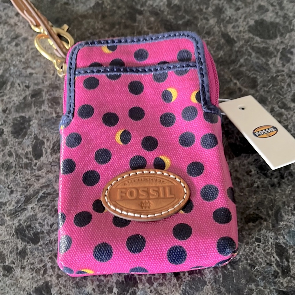 NWT Fossil hot pink/ black dots key per wristlet
